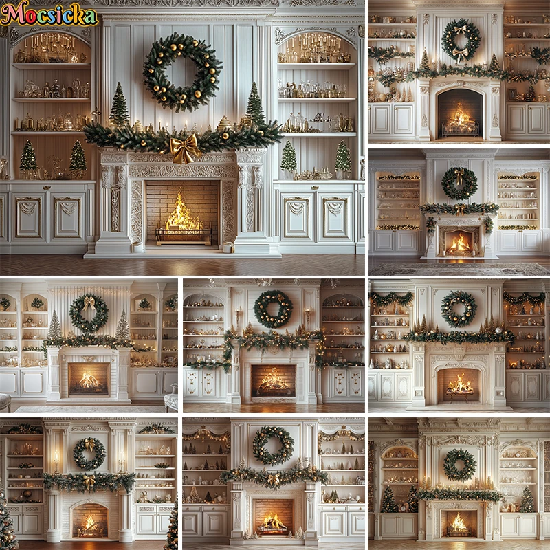 

Mocsicka Xmas Living Room Photography Background Fireplace Garland Decor Props Adult Kids Family Portrait Photo Backdrop Studio