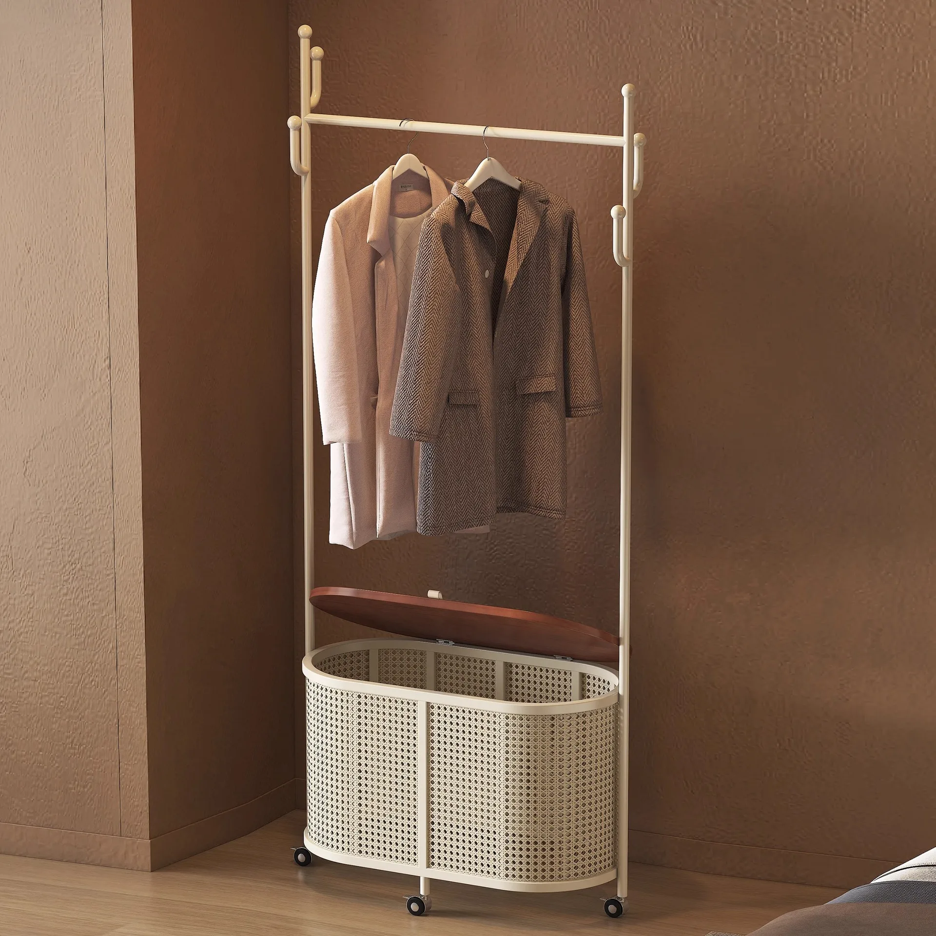 Hanging hanger bedroom floor cream wind mobile wrought iron coat rack double rod household storage clothes double layer drying