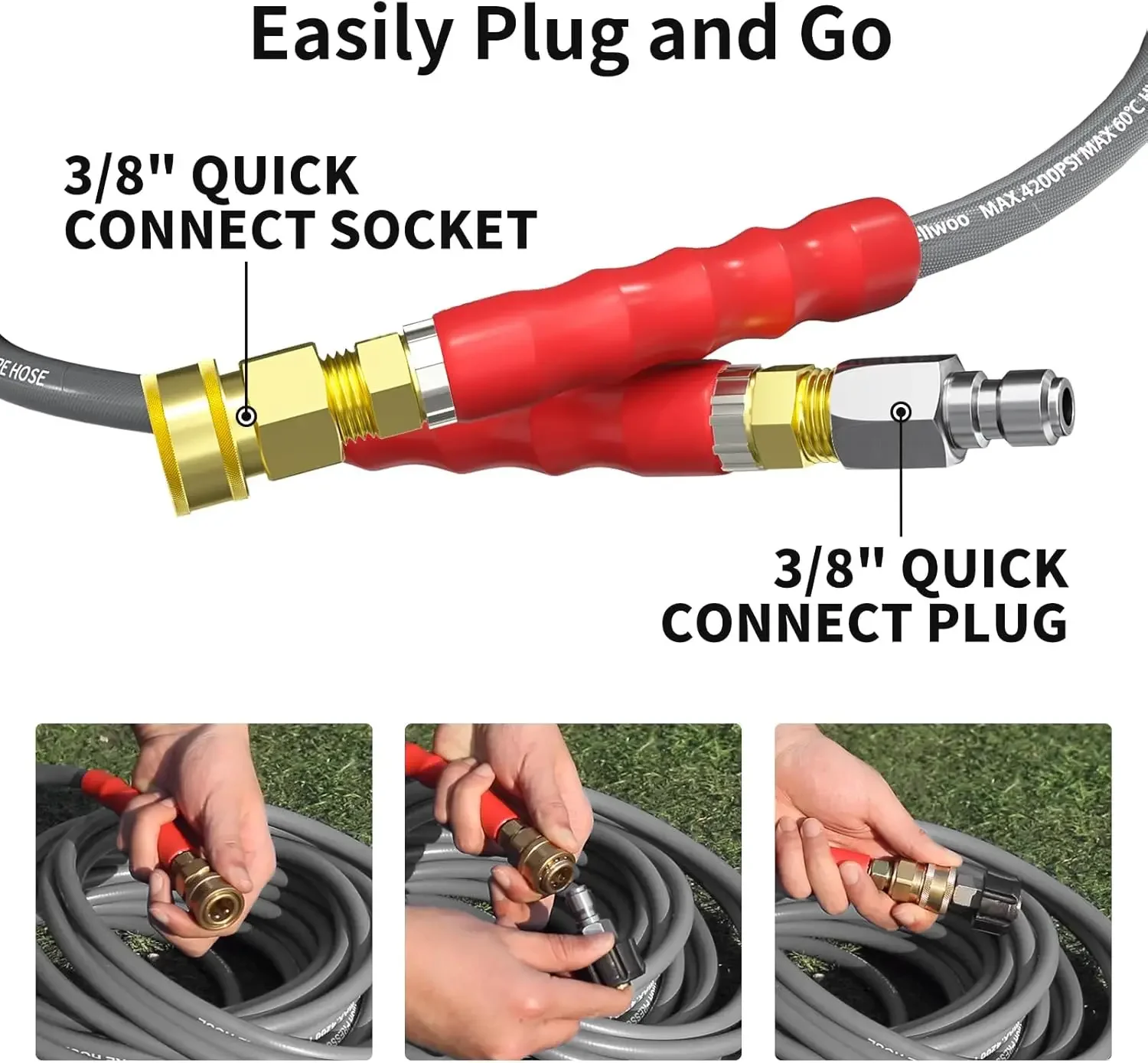 Sluitringslang 100ft 4200PSI met 3/8 snelkoppeling, 1/4 commerciële kwaliteit staaldraad gevlochten knikbestendige krachtige sluitringverlenging