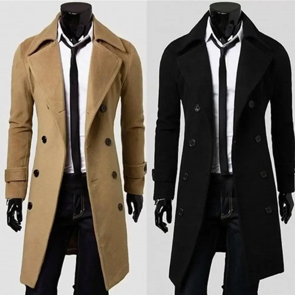 

Simple Trench Coat Double-breasted Male Men Coat Coldproof Pure Color Jacket