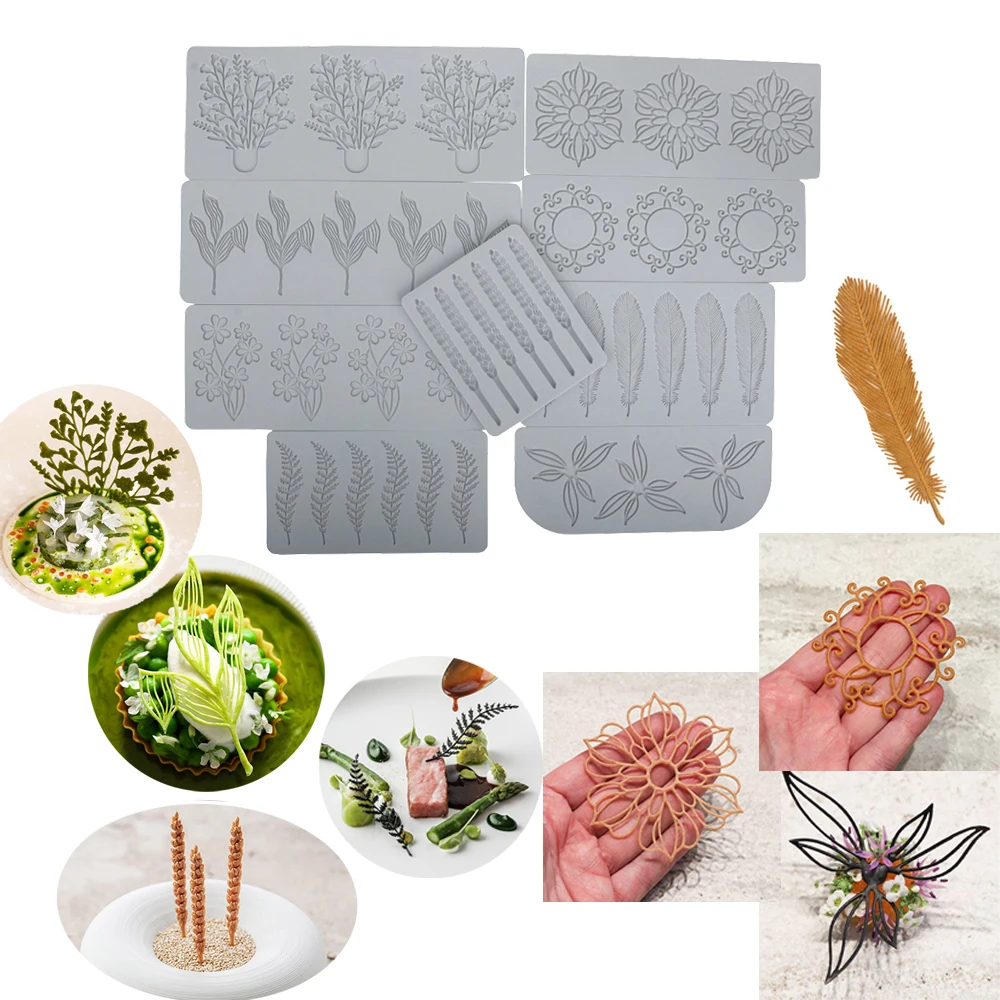 Backformen für dekorative Beschichtung mit ringförmigen Zweigen, Blättern, Blumen, Fondant, Spitzenmatten, Federn, Weizenohren und Schokolade