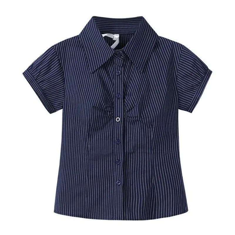 

Deeptown Blue Vintage Striped Shirts Women Pink Short Sleeve Plaid American Style Crop Blouses Slim Preppy Jk Aesthetic Casual