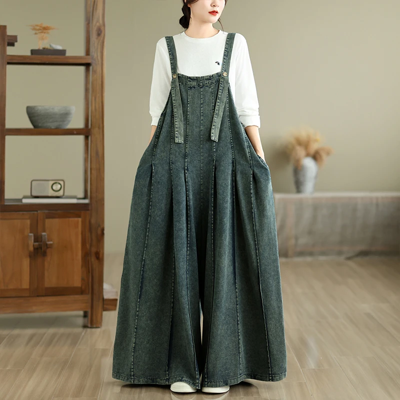 Spring Summer Autumn Long Denim Overalls Loose Fit Vintage Style Ladies plus Size Cotton Polyester Blend Straight Leg Jeans