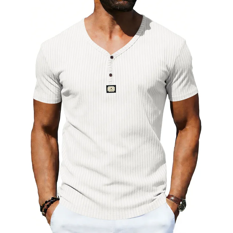 Elastic pit strip T-shirt, knitted pit strip Henry V-neck, European size slim-fit version men's short sleeves