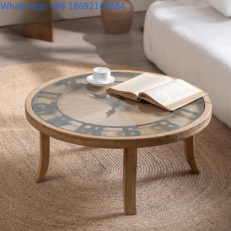 Vintage Style Living Room Clock Coffee Table with Glass Japanese Solid Wood Side Table for Sofa Retro Round Table