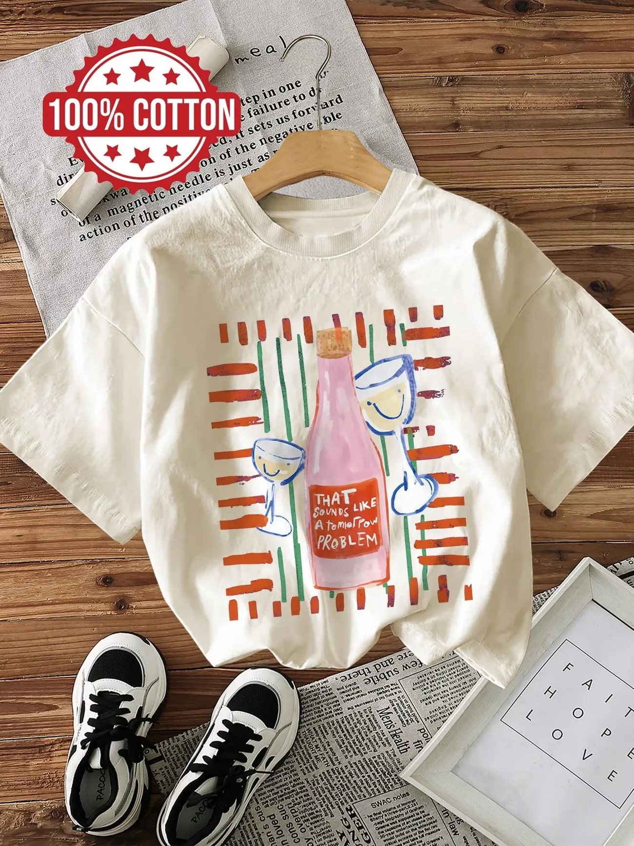 100% Cotton Women's Short Sleeve T-shirt Humorous Wine Bottle & Glass Graphic Print Crew Neck Casual Summer Ladies Tees Tops