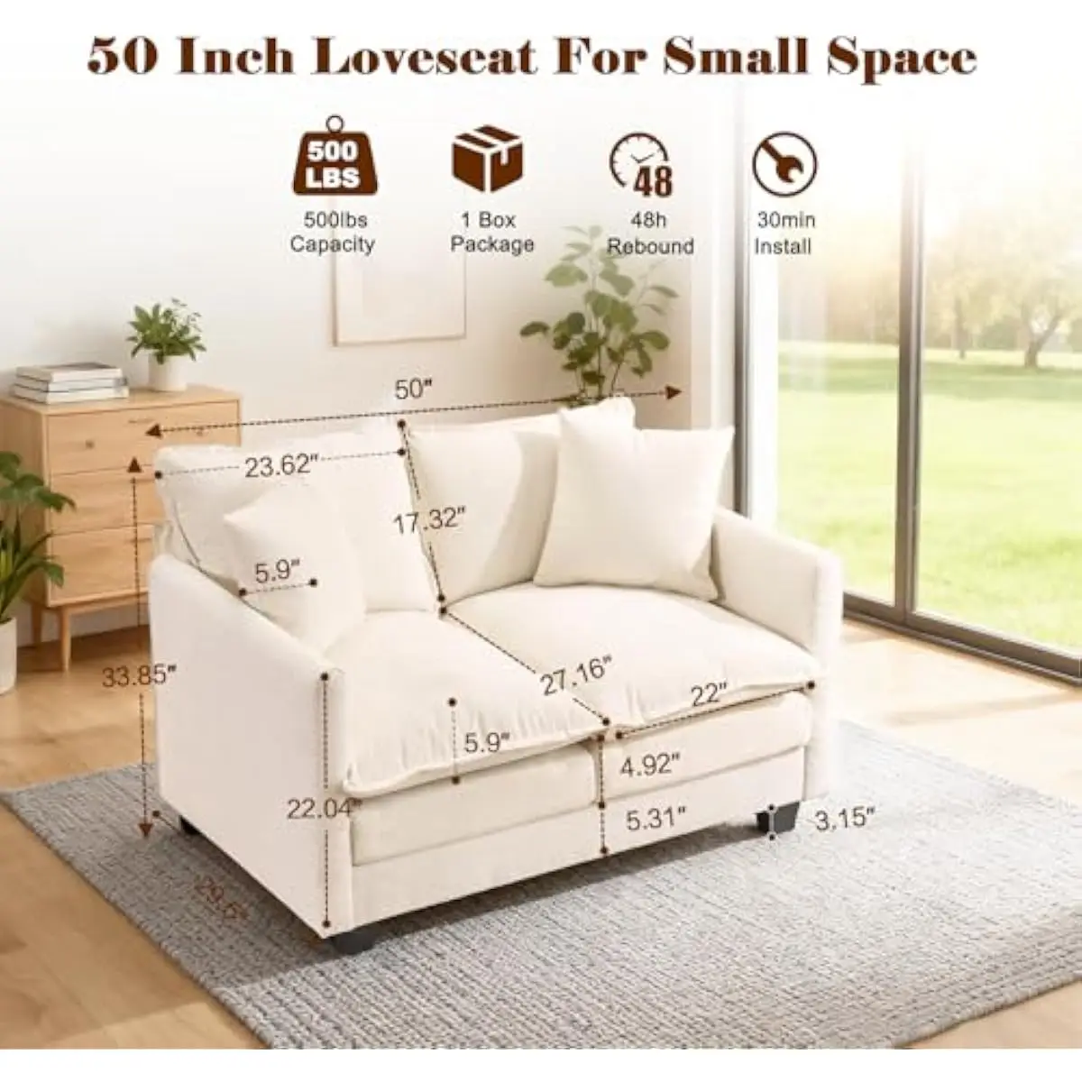 50'' Loveseat Sofa Cloud Sofa Couch, Modern Loveseats 2 Seat Couch 27' Deep Seat with 2 Pillows for Small Spaces Apartment Studi