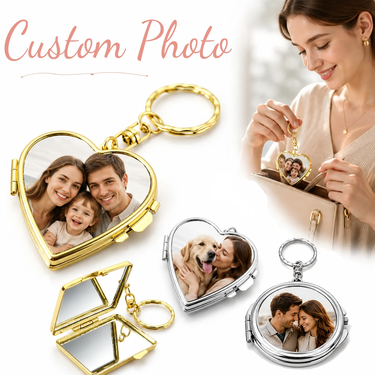 Custom 1/2Photo/Logo Metal Mirror Keychain Portable 2-Sided Pocket Makeup Mirror Personalized Souvenir Birthday's Gift for Loved