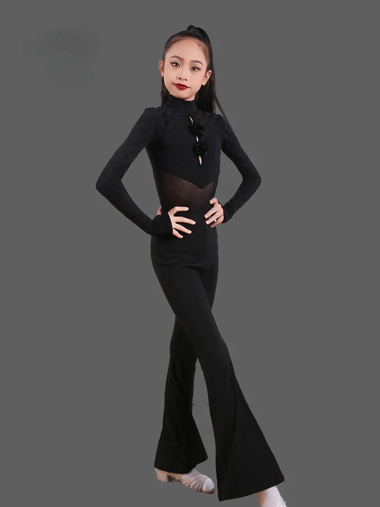 Latin Dance Suit Girls 2024 Autumn and Winter New Long-sleeved Micro-pull Pants Practice Suit Performance Training Suit