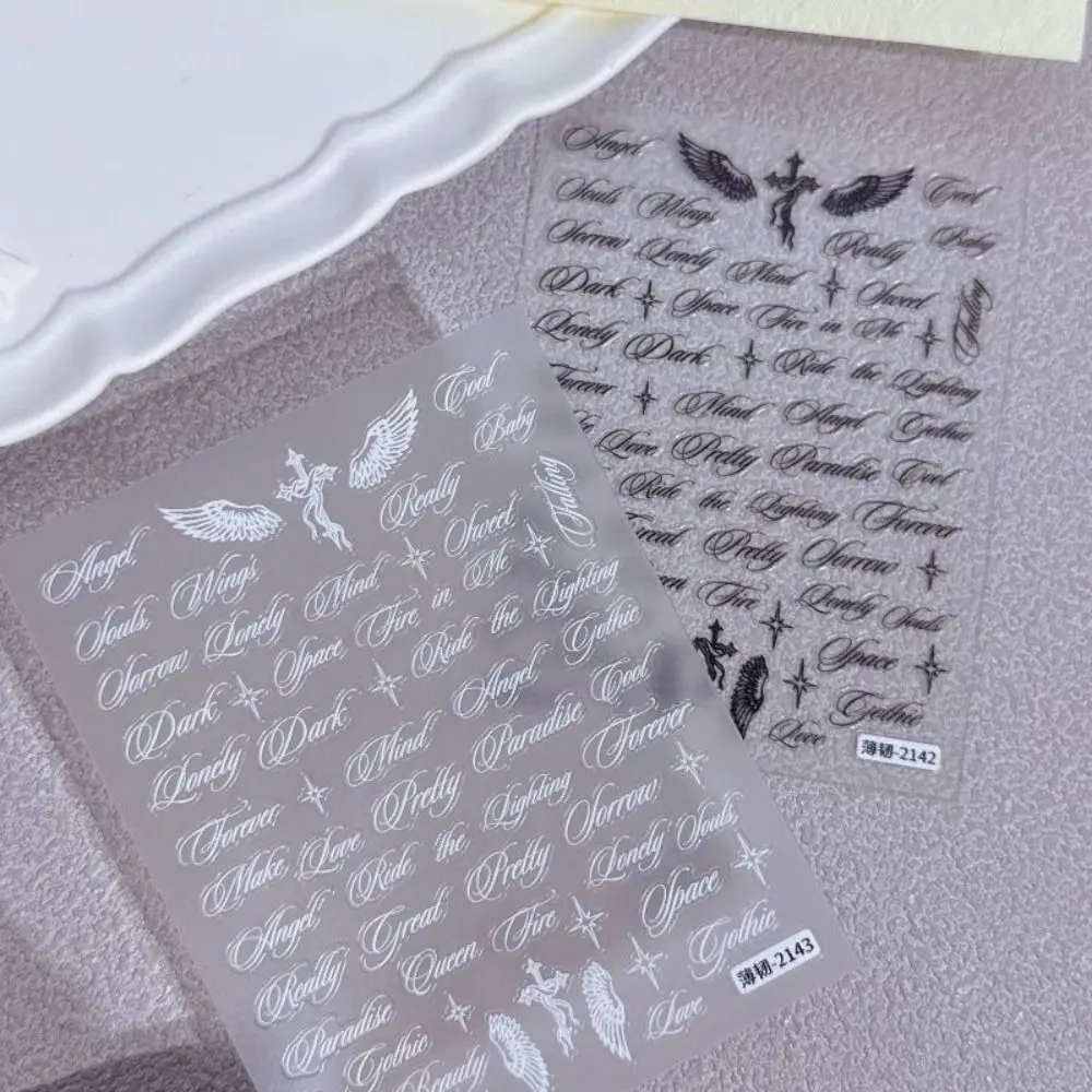 Black White Wing Nail Art Stickers Self-Adhesive Thin Nail Decorations Holographic Letter Words Nail Decals For Nail Art