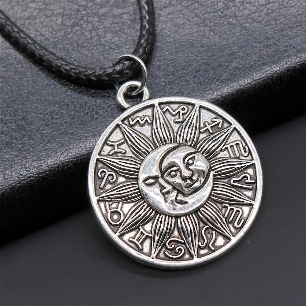 Retro Vintage Unisex 2 Colors 28x25mm Moon And Sun Zodiac Pendant Faux Black Leather Rope Chain Necklace