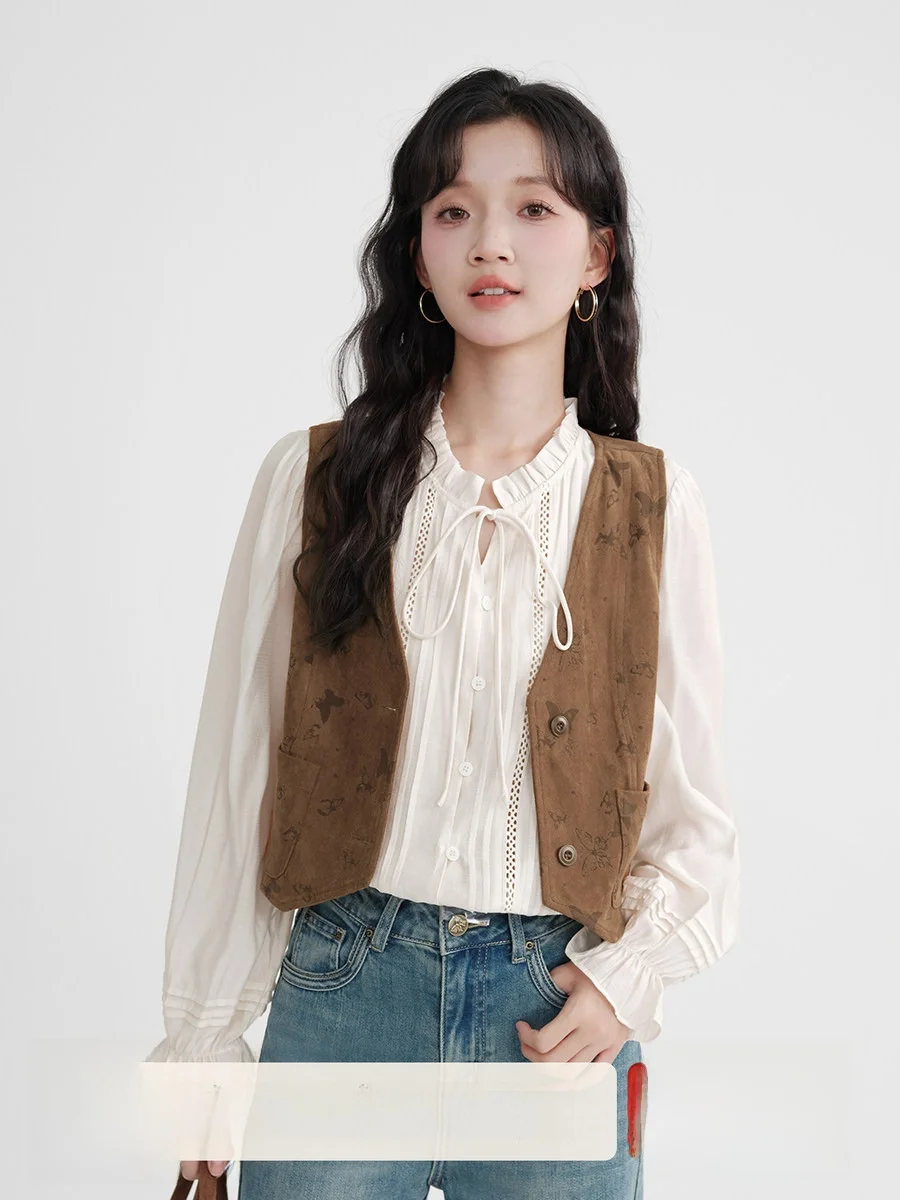 

Retro Ethnic Sle Svel Vest Women's New 2026 Spring Thin Suede Outerwear Layering Top V-Ne ort Length Color