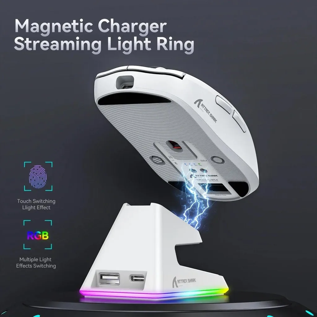 ATTACK SHARK X6 Wireless Mouse with Touch Magnetic Charging Base PAW3395 26000 DPI 650IPS Tri-Mode RGB Macro Gaming Mouse