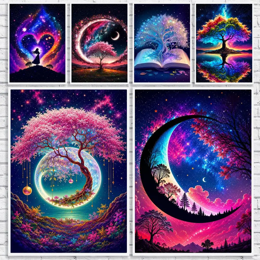 Celestial Sakura Moon Tree Painting Calligraphy High-Quality Canvas Wall Mural Crease-Free For Living Room Bedroom Interiors