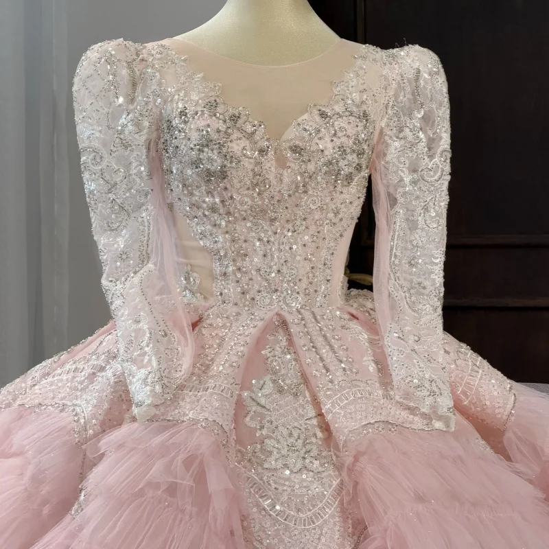 

Pink Quinceanera Dress off-shoulder Glitter Crystal Decal Lace Layering Long tail vestidos de 15 Quinceanera ﻿Customize