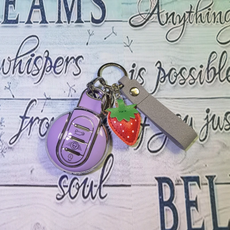 Ins-style Lavender Car Key Case Cover | Sweet Strawberry Leather Charm | Luxurious Minimalist Button Protector, Aesthetic Choice