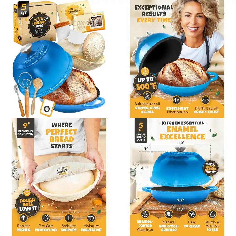 Horno Holandés de Hierro Fundido con Tapa Esmaltada de 5QT para Hornear Pan de Masa Madre - Sartén de Hierro Fundido con Tapa, Masa Madre, Batidor de Masa, Cuchillo para Marcar Masa
