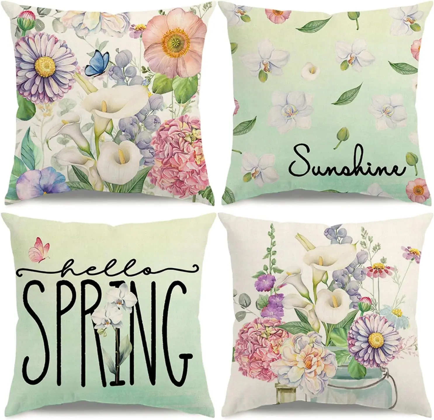 

Pcs Botanical Throw Pillow Covers,Spring Cushion Cases with Watercolor Blooms and "Sunshine" Motifs for Living Room Bedroom Sofa