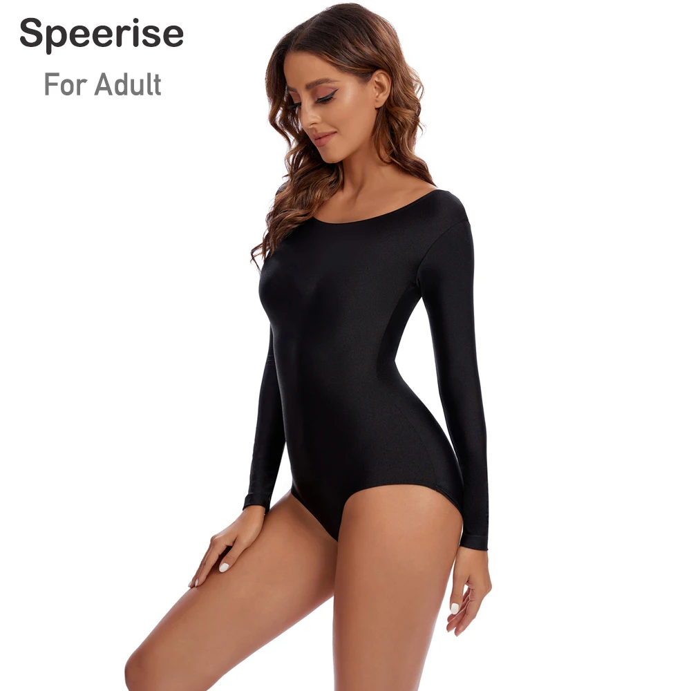 Speerise Adult Basic Long Sleeve Leotard Scoop Neck Spandex Ballet Dance Practice Clothes Gymnastics Bodysuit Leotard Bodysuit