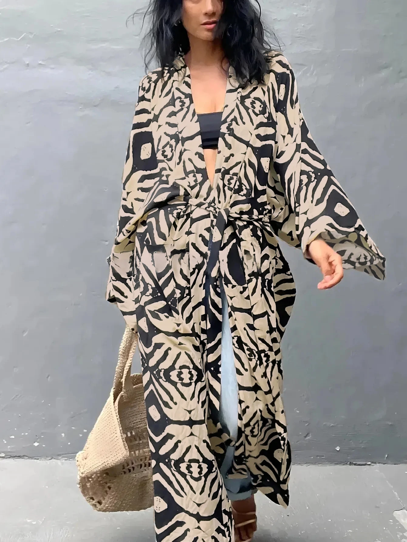 Plus Size Boho Cover Up, Women's Plus Tribal Print Long Sleeve Cover Up Long Cardigan