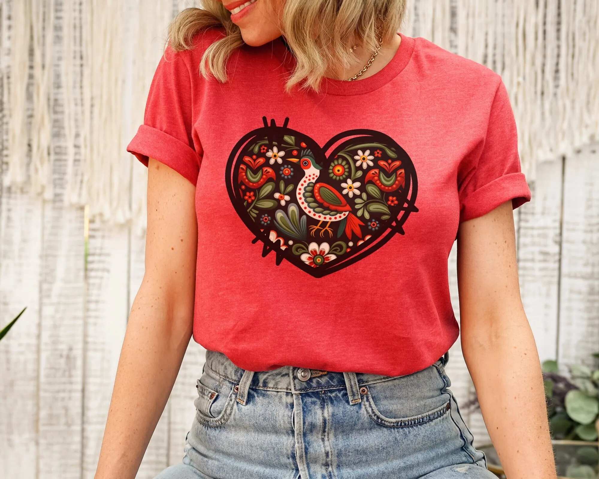 

Heart Folk ArT T Shirt Polish Floral Botanical Aesthetic Clothes Vintage Bird Flower Women