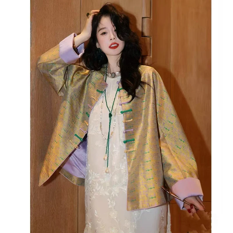 

Autumn New O-Neck Silk Fabric Jacquard Handmade Colorful Button+Contrast Cuff Design Chinese Style Women's Jacket S-XL