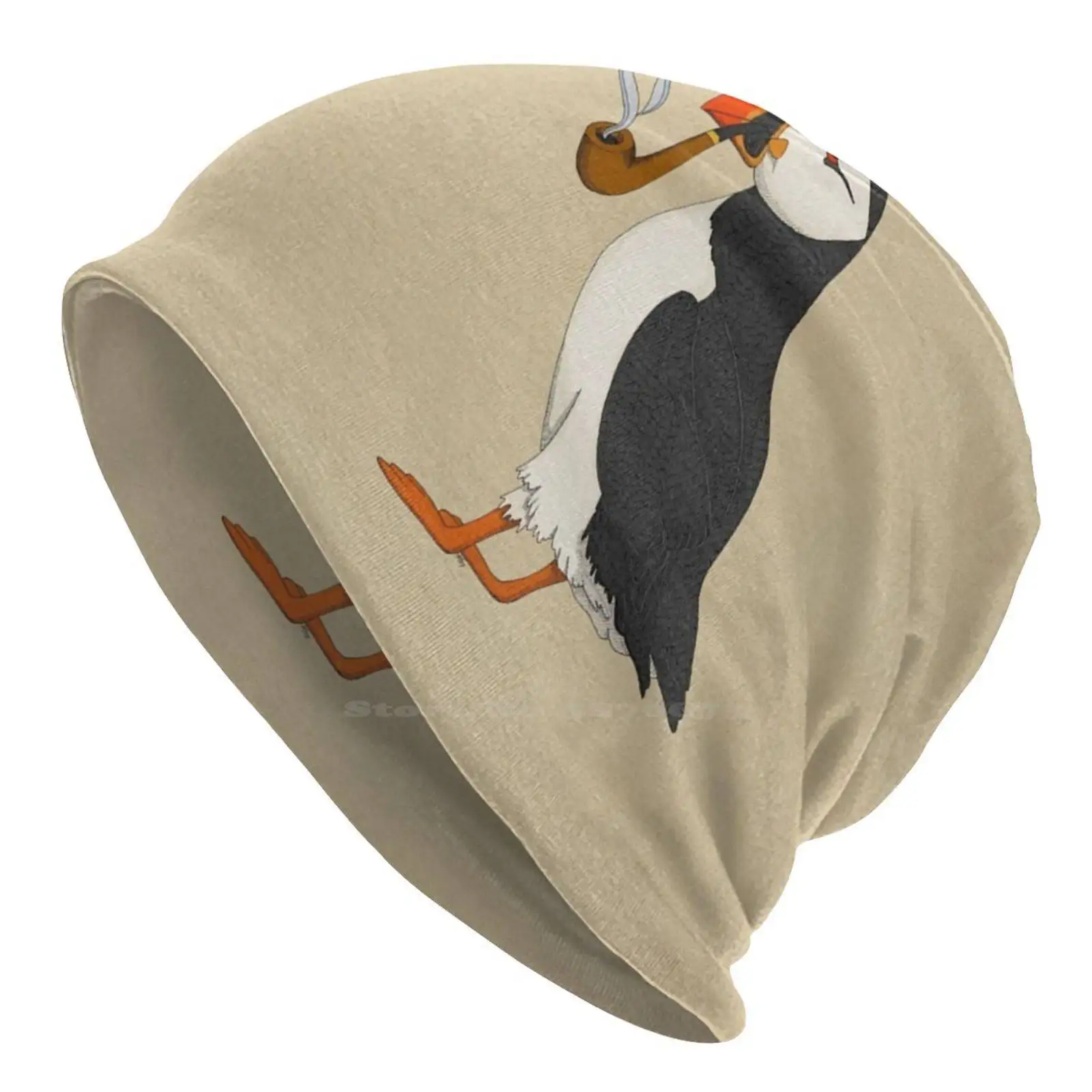 Puffin Knitted Hat Warm Beanie Outdoor Caps Pipe Puffin Humor Smoking Nature Silly Cute Hand Drawn Funny Punny Bird Bar Smoke