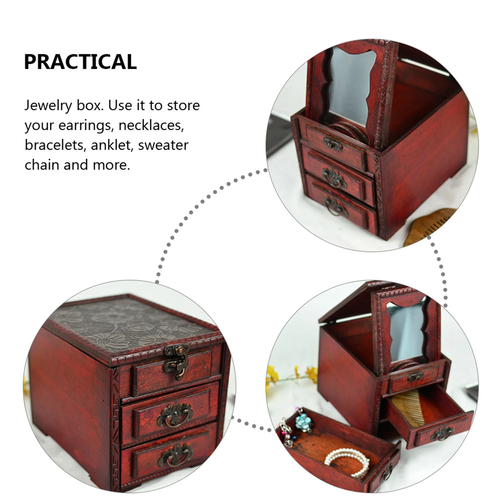 

Wooden Jewelry Box Chinese Style Mirror Ring Necklace Earring Holder Vintage Organizer Storage Case Dustproof Jewelry Storage