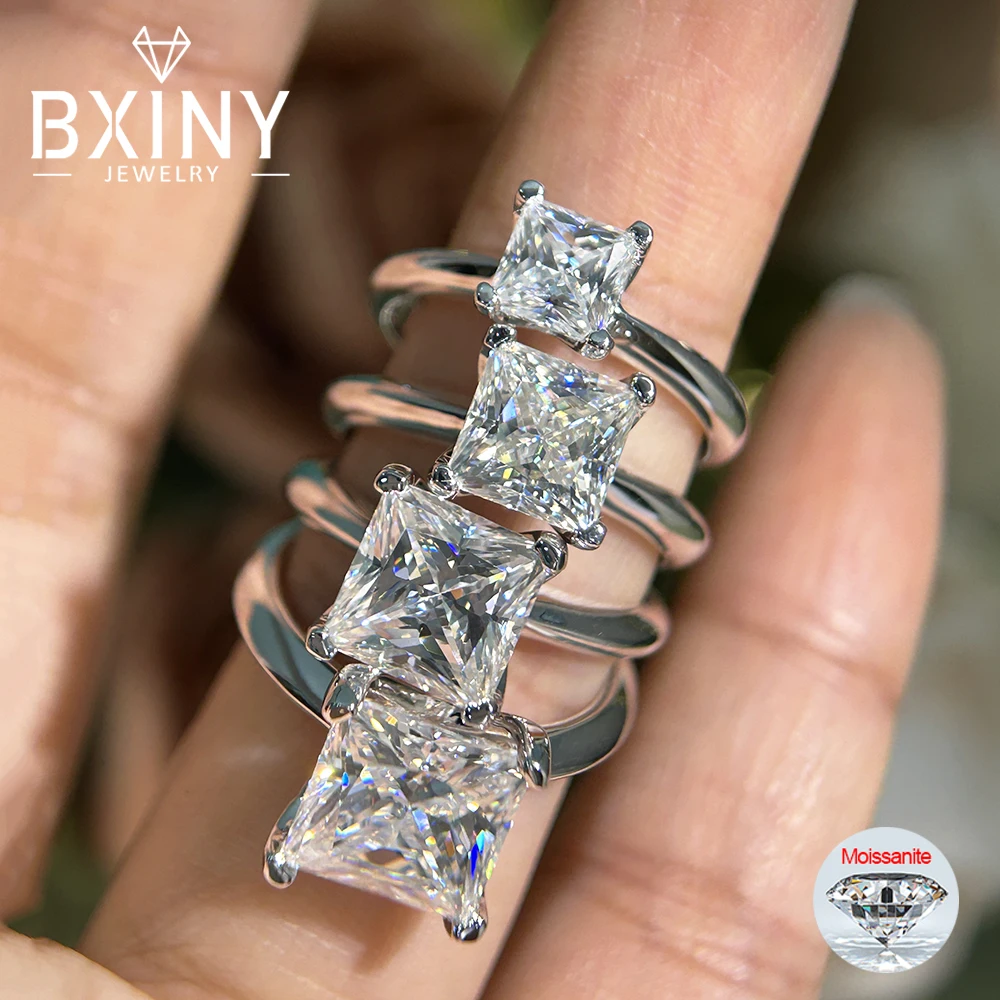 BXINY 1-4Carat Princess Cut Moissanite Rings S925 Silver GRA Certified Lab Diamond Solitaire Wedding Band for Women Gift Jewelry