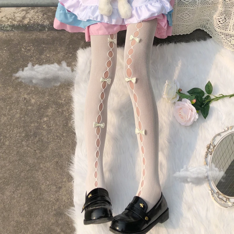 Japan Style Sweet Girls Tights Stockings Hollow Out Mesh Fishnet Pantyhose Lolita Kawaii Cute Handmade Bowknot Silk Lace Tights