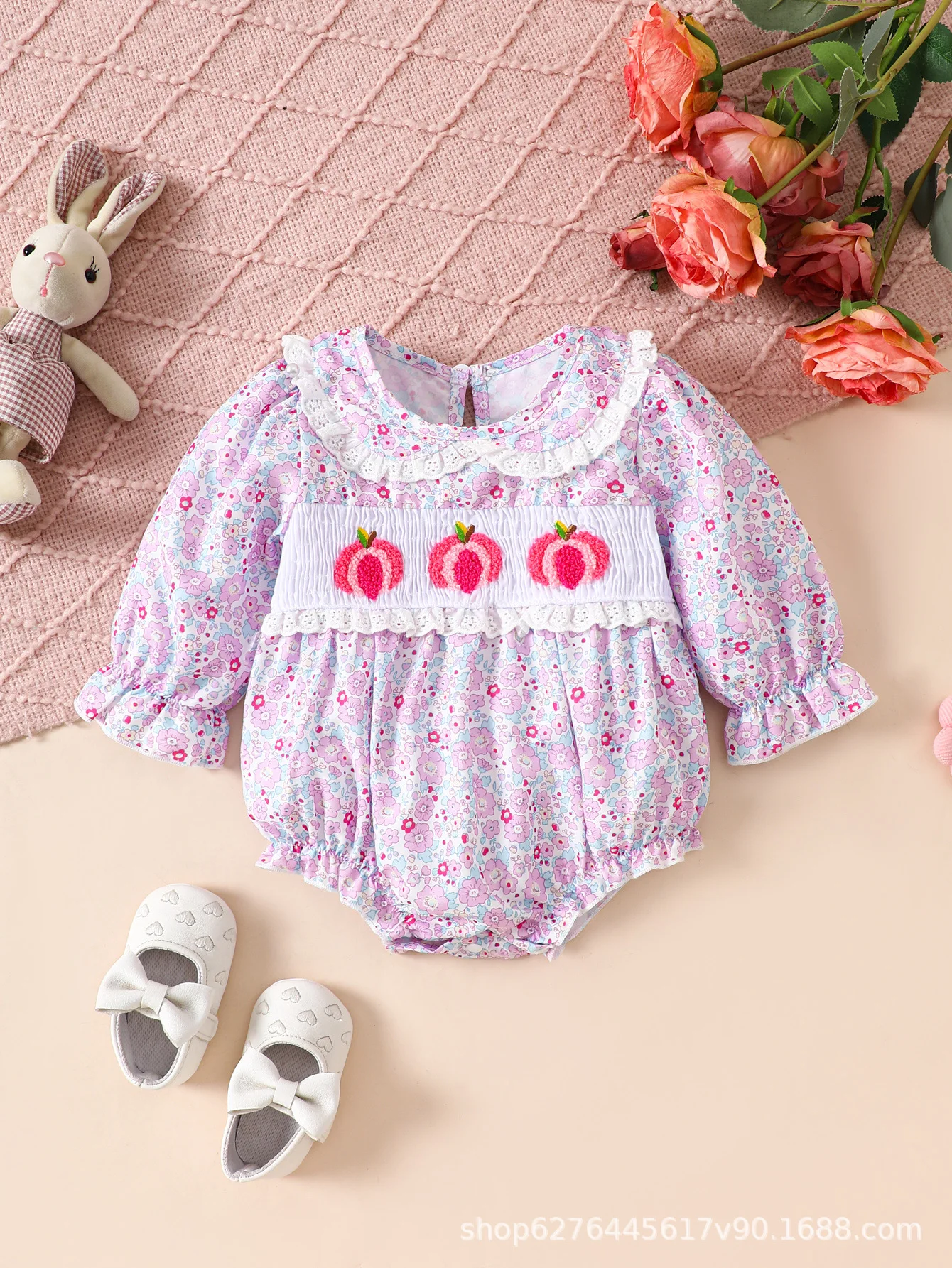 Spring Autumn Baby Girl Cute Embroidery Lace Romper Newborn Vintage Floral Print Long Sleeves Rompers Onesie For Toddler Girls