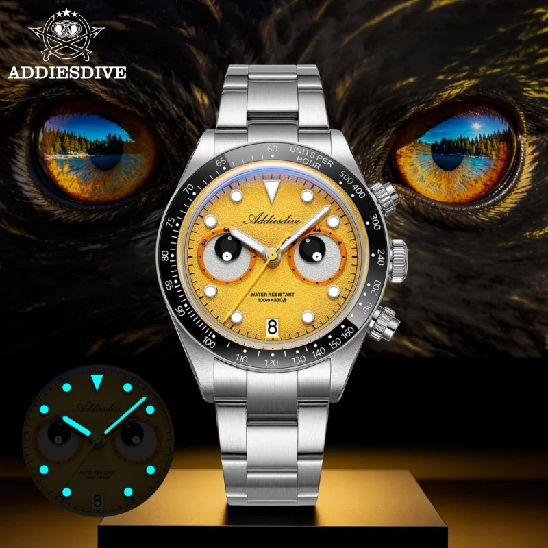 ADDIESDIVE New Eye Dial Watch For Men BGW9 Super Luminous 100m Waterproof 316L Stainless Steel Chronograph Quartz Watch AD2557