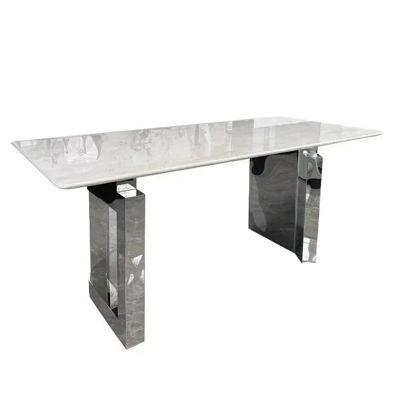 Natural White Marble Dining Table Set Rectangular Large Flat Top Luxury Stone Round Base Elephant Design for Villa Living