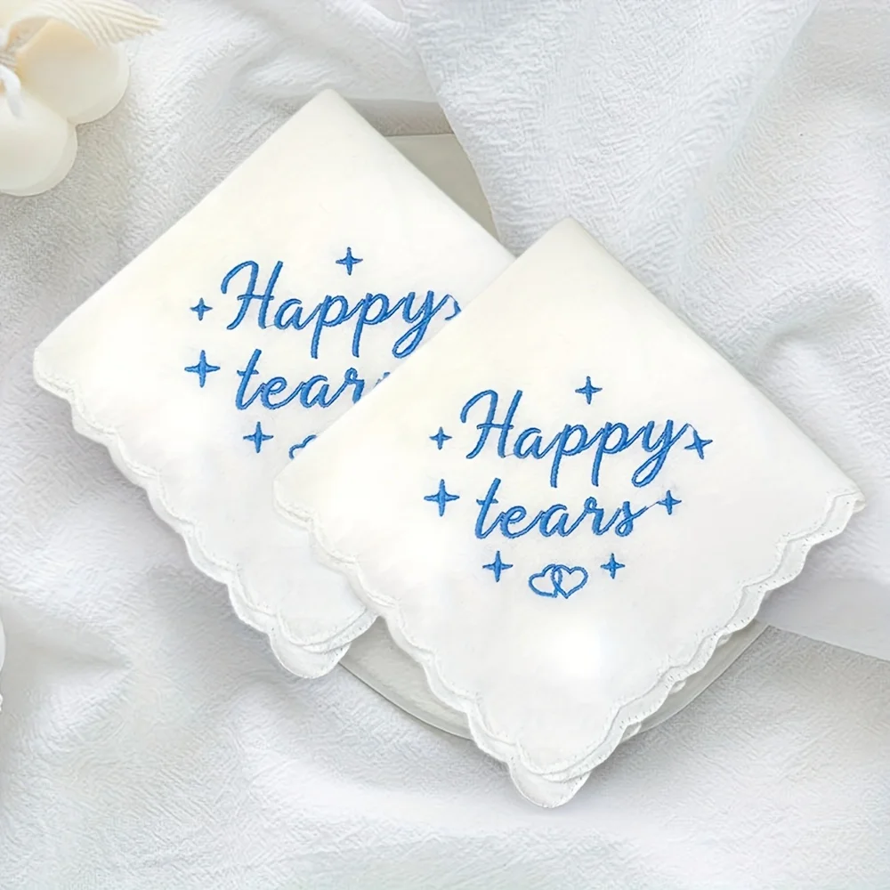 

2pcs Embroidered Wedding Handkerchiefs for Women, Featuring Blue Letters for Happy Tears, Measuring 29*29Cm, Suitable for