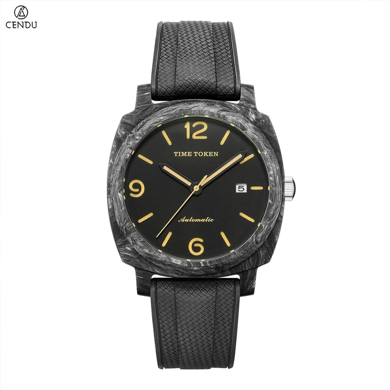 40mm Men's Vintage Pilot Mechanical Men Watch Carbon Fiber  8215 Movement See-through Back  Rubber Strap 10ATM