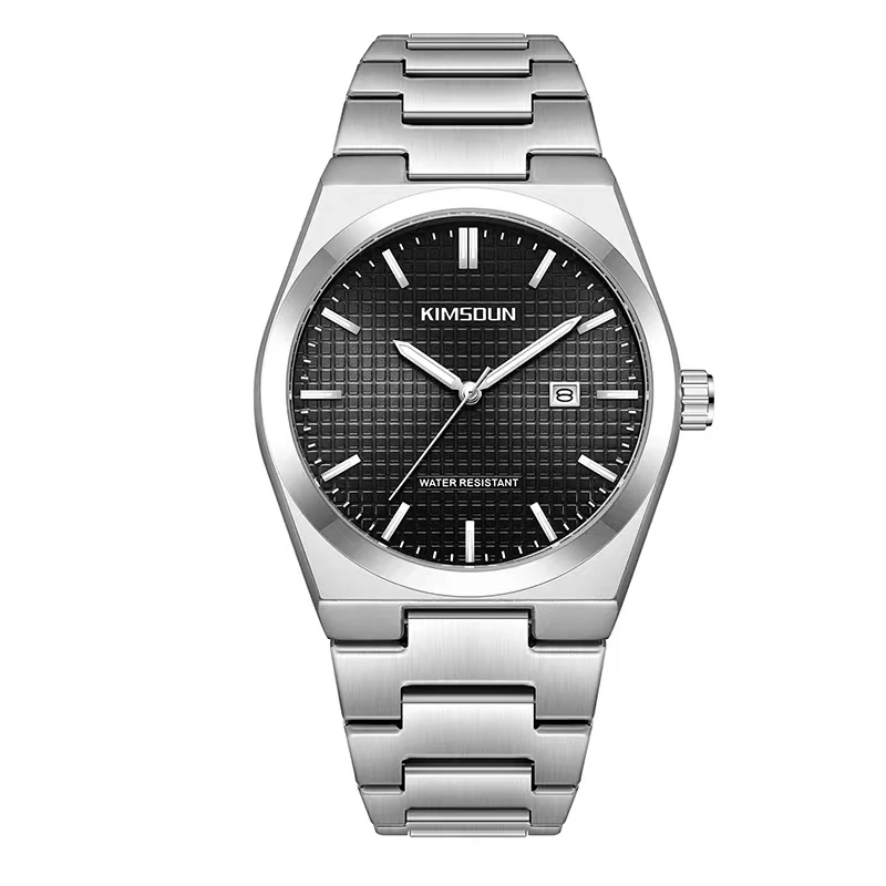 Men Silver Stainless Steel Quartz Wristwatch Grid Textured Black Dial Single Date Display Waterproof Business Dress Watch Classi