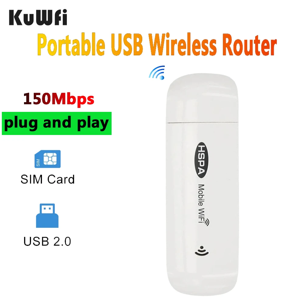 KuWfi 3G 150Mbps Portable USB Wireless Router Mobile Hotspot Sim Card Wireless WiFi Portable WIFI Dongle For Car Office Home