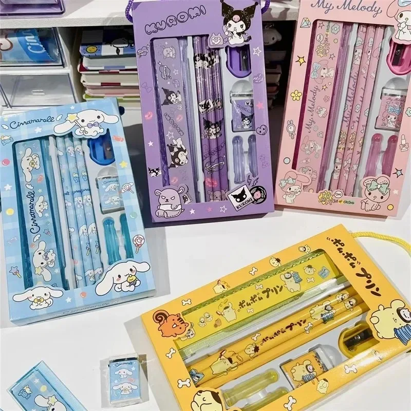 Sanrio Stationery Set Pencil Eraser Ruler Kawaii My Melody Kuromi Cinnamoroll Painting Primary School Supplies Student Kid Gifts