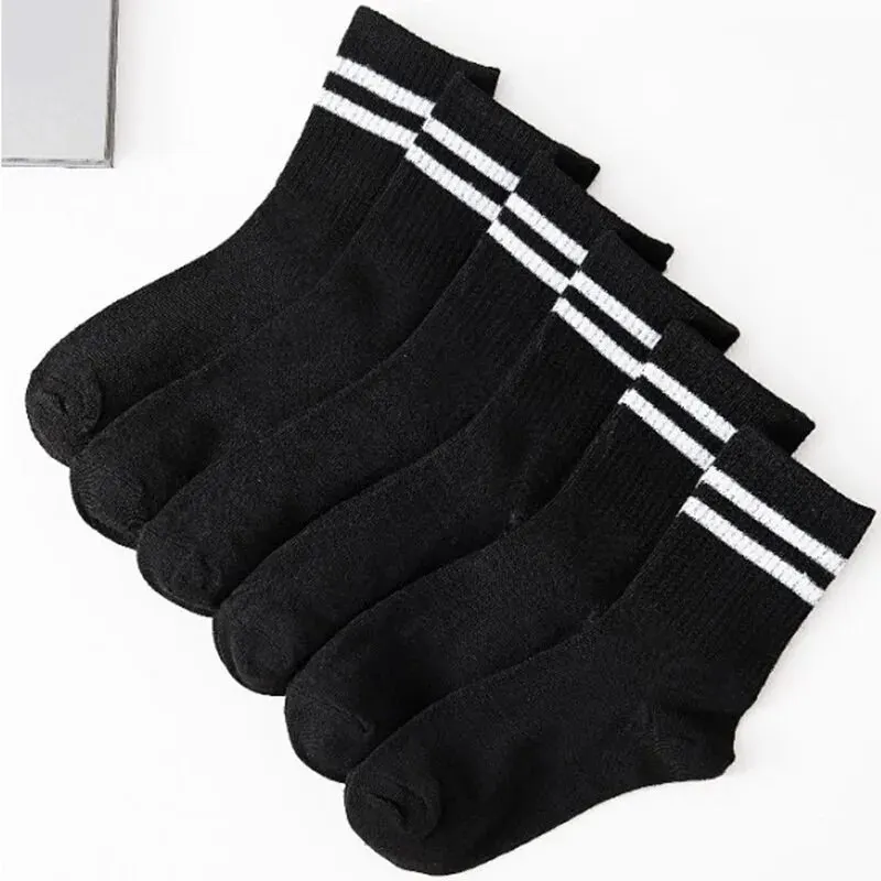 6 Pairs High Tube Mid Length Stockings Set For Men in Solid Black And White With Parallel Bars Popular and Sweat Absorption