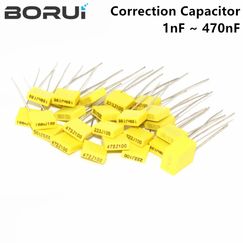 20pcs Polypropylene Safety Plastic Film 100V 1nF ~ 470nF 100nf 220nf 10nf 47nf 22nf 1nf 0.47uf 0.1uf Correction capacitor