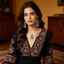 Bohemian Vintage Rhinestone Small Leaves Tassel Necklace Earrings Charms Fashion Jewelry Sets Large Ethnic Drop Earrings