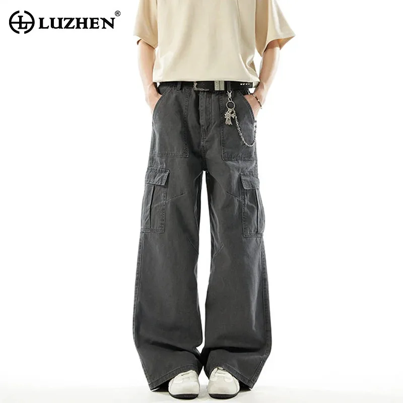 LUZHEN 2026 New Trendy Multi Pockets Design Solid Color Straight Cargo Pants Men Handsome High Quality Wide Leg Trousers JY9270