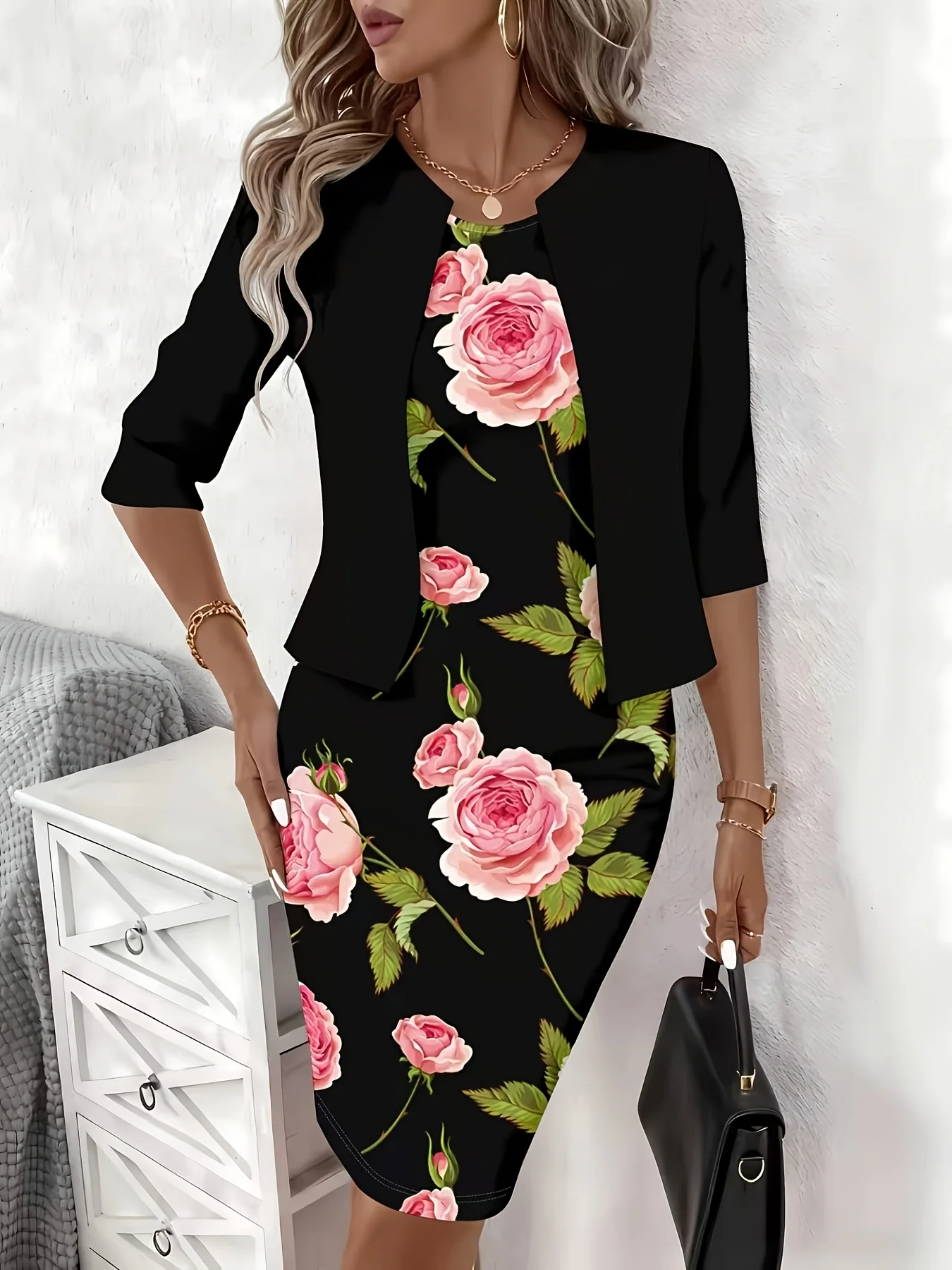 Printed design Casual Style Pink Roses On Black Background Round Neck Tank Dress Set view 4