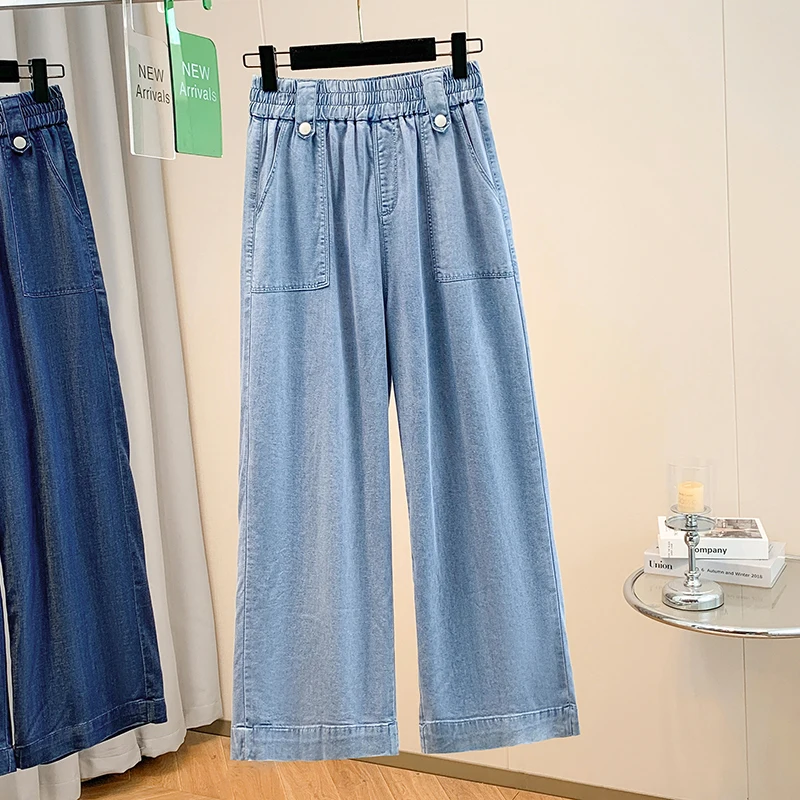 夏ルーズ女性のストレートデニムパンツ特大ヴィンテージ弾性ウエストワイドレッグジーンズ多用途カジュアルクロップドパンツ