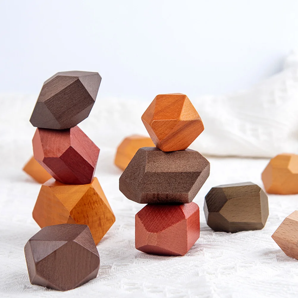 Wooden Stacking Blocks Toys Kids Educational Building Bricks Stone Colorful Smooth Shape Children Play Partners Games Skills