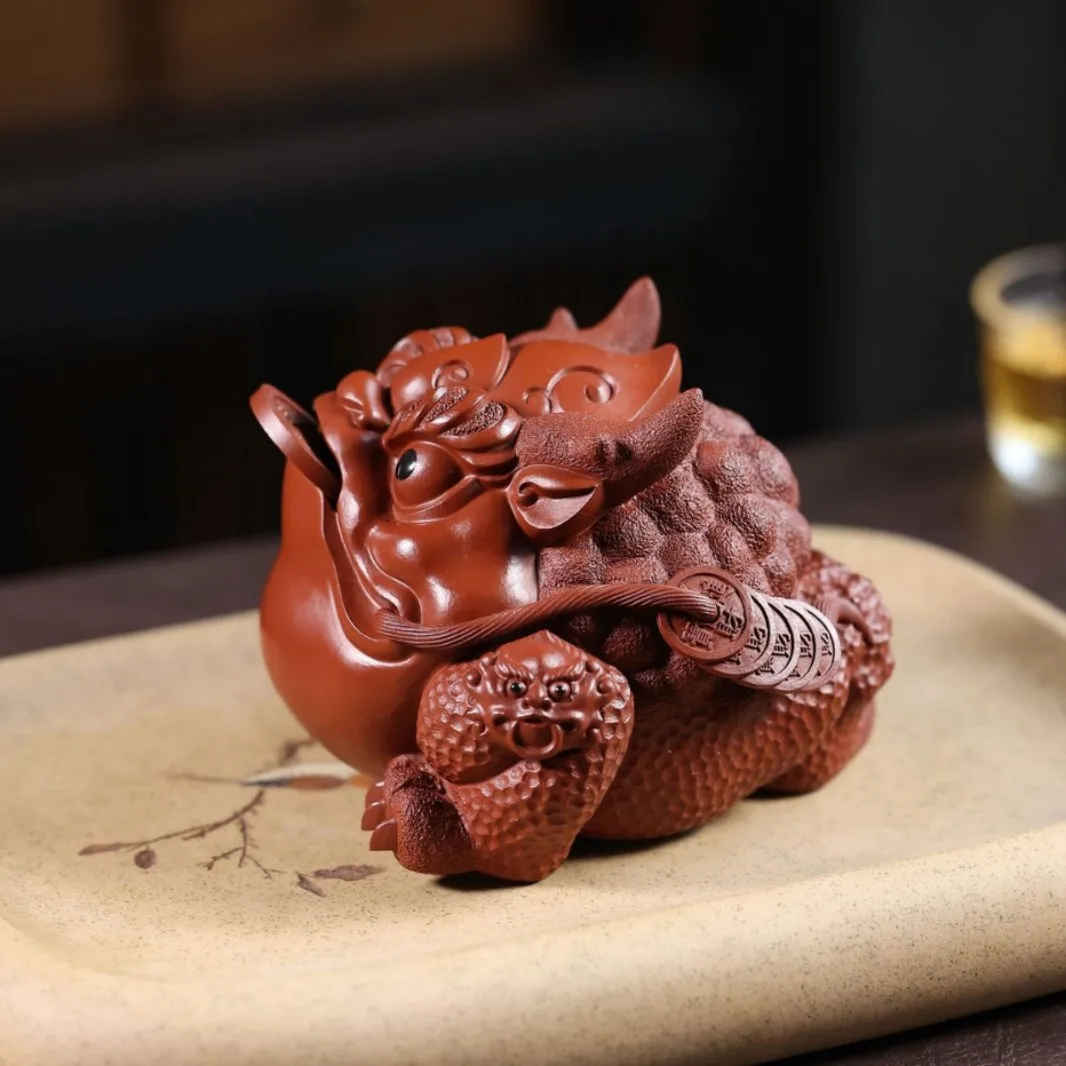 Yixing Zisha Clay Tea Ornament: Fortune Dragon Horn Golden Toad, Natural Ore Da Hong Pao, Handmade Wealth-Attracting Decorative