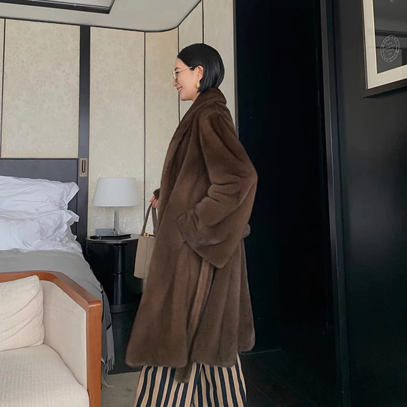 Ftangaiur-abrigo de invierno para mujer, abrigo de piel de visón de terciopelo de cisne importado, albornoz con cuello vuelto, abrigos de piel de visón auténtica