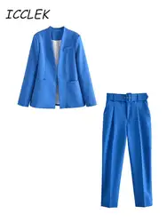 Traf Women's Blazer Suits Elegant Women's Pant Suit Set High Waist Pant With Belt Female Blazer Set OL Fromal Suit Pant Workwear