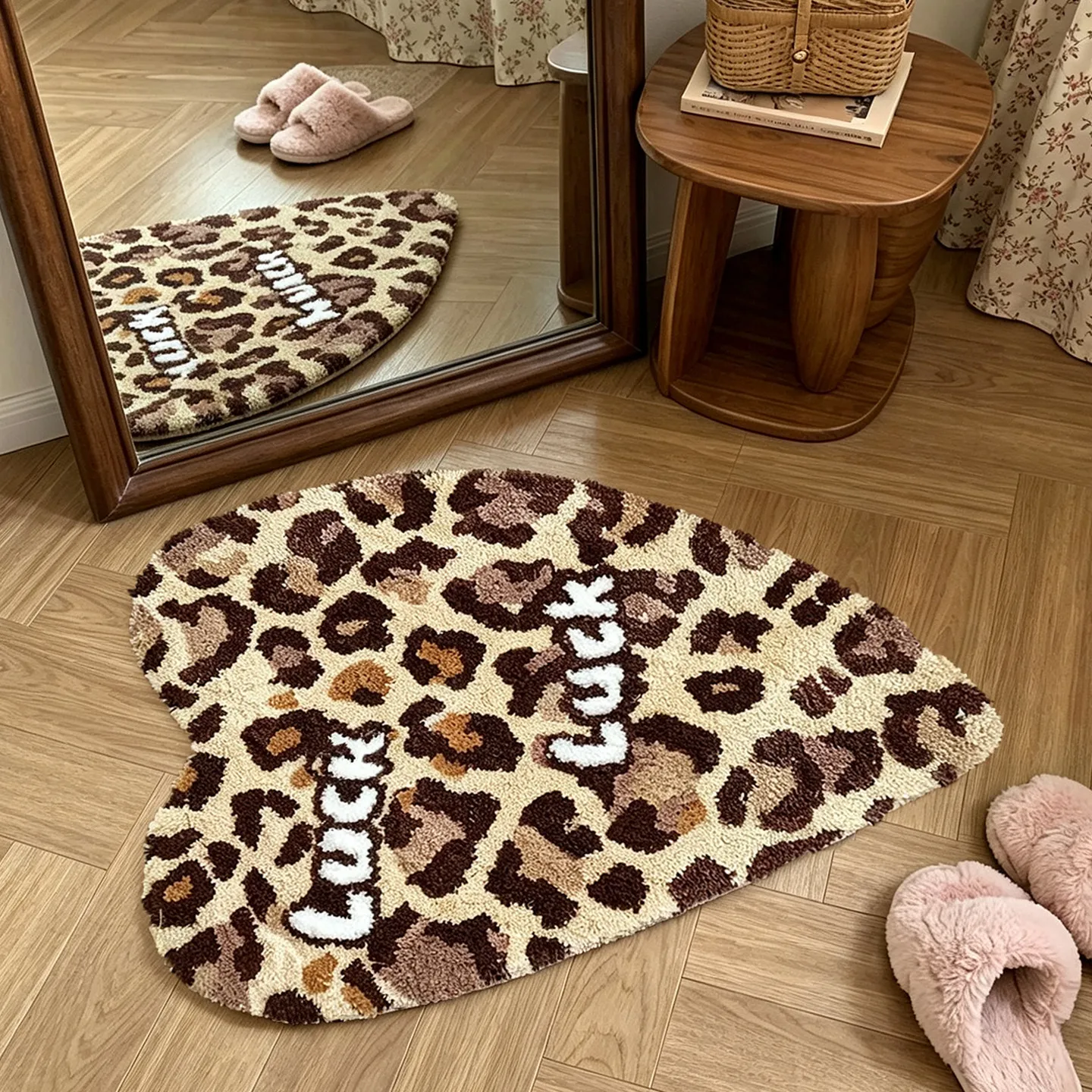 Heart Shaped Rug Tufted Soft Bedside Floor Mat Leopard Letter Luck Print Bedroom Living Room Bathroom Cute Home Decor Carpets