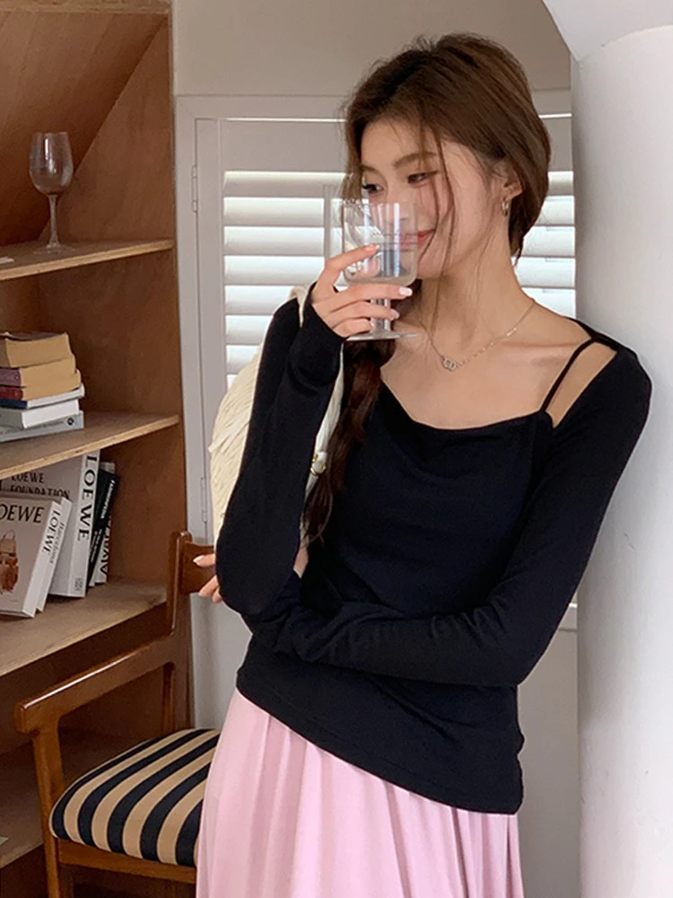 2026 Spring Autumn New Back Cutout Sweet Women T-shirt Daily Wear Solid Color Tee Y2K Long Sleeve Slim Fashion Basic Top